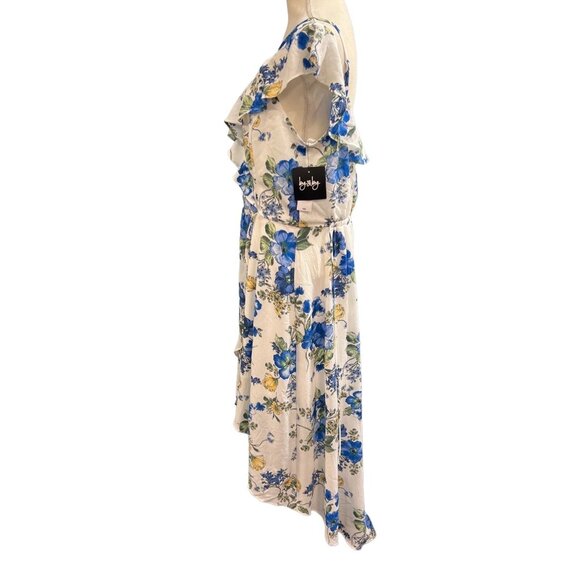 By‎ & By Dress Womens XXL White Blue Floral Chiffon Ruffle Asymmetrical Midi - Picture 2 of 9